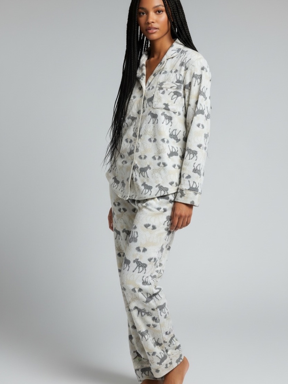 La Vie En Rose Grey and Cream Animal-Print Fleece Pajama Set
